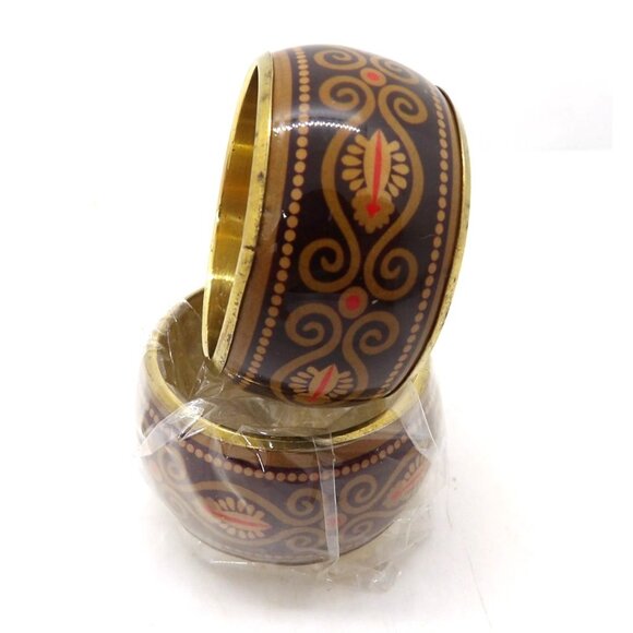 Dinner Napkin Rings Brass with Enameled Brown Design Set of 6 NEW - Picture 2 of 4